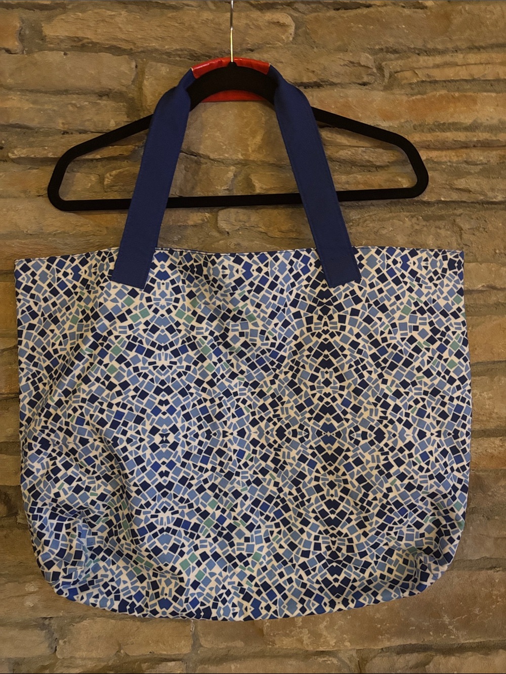 NWOT Lancôme Blue, White and Gteen Mosaic Print Tote Bag with Orange Handles